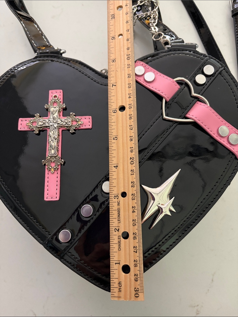 Patent Heart Crossbody Bag in Black and Pink with Silver Charms - Picture 8 of 9